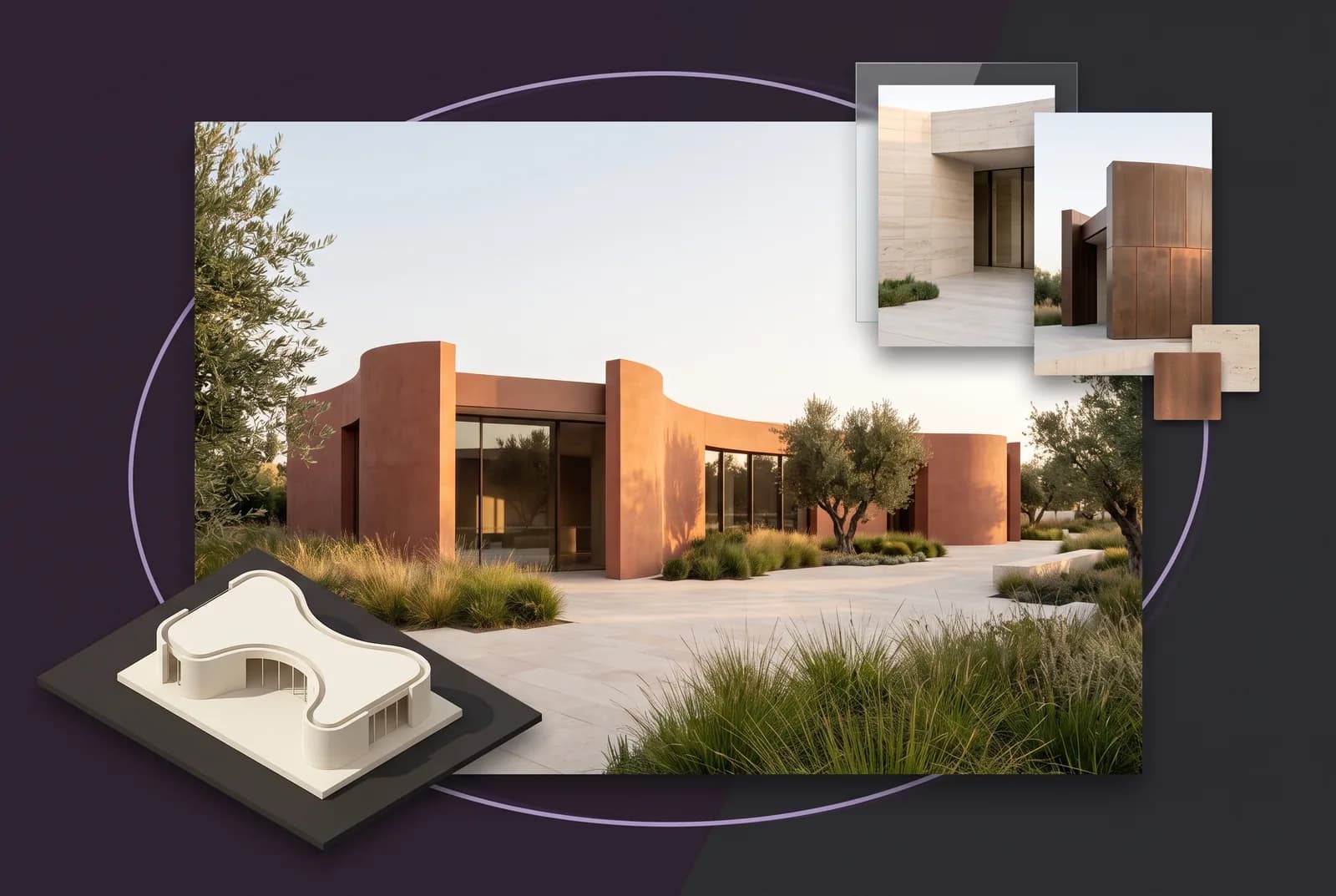 Workflow illustration combining a pavilion model, a terracotta architectural concept and stone and copper material studies.
