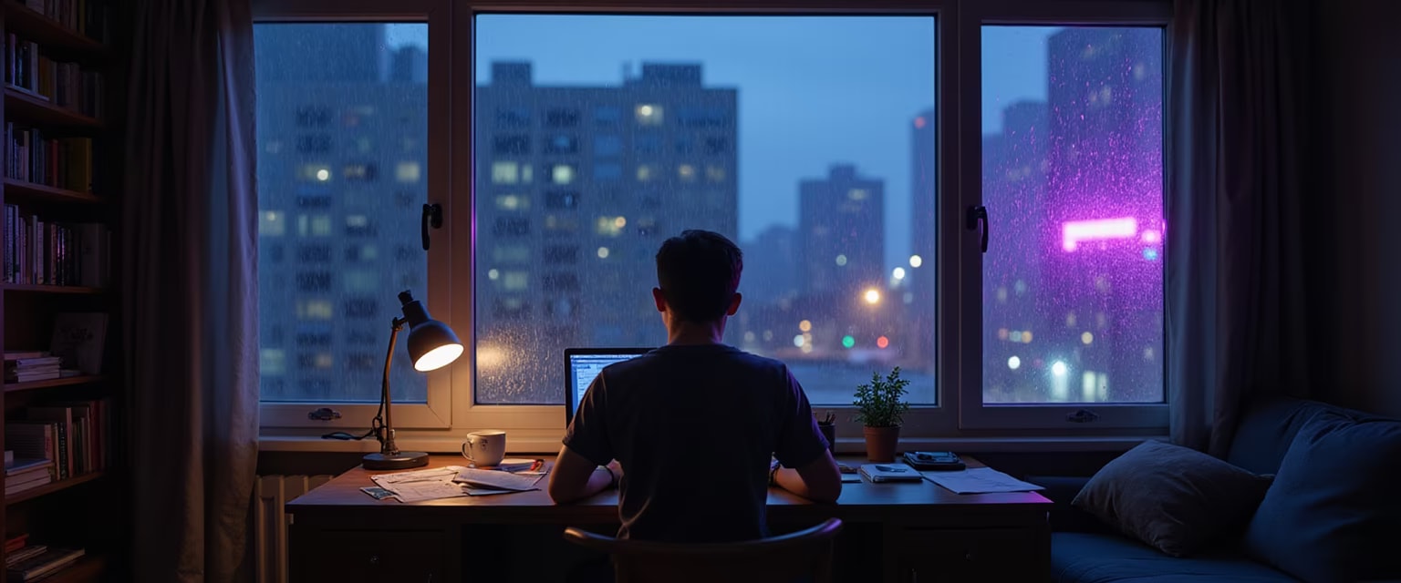 Rainy night working on a laptop