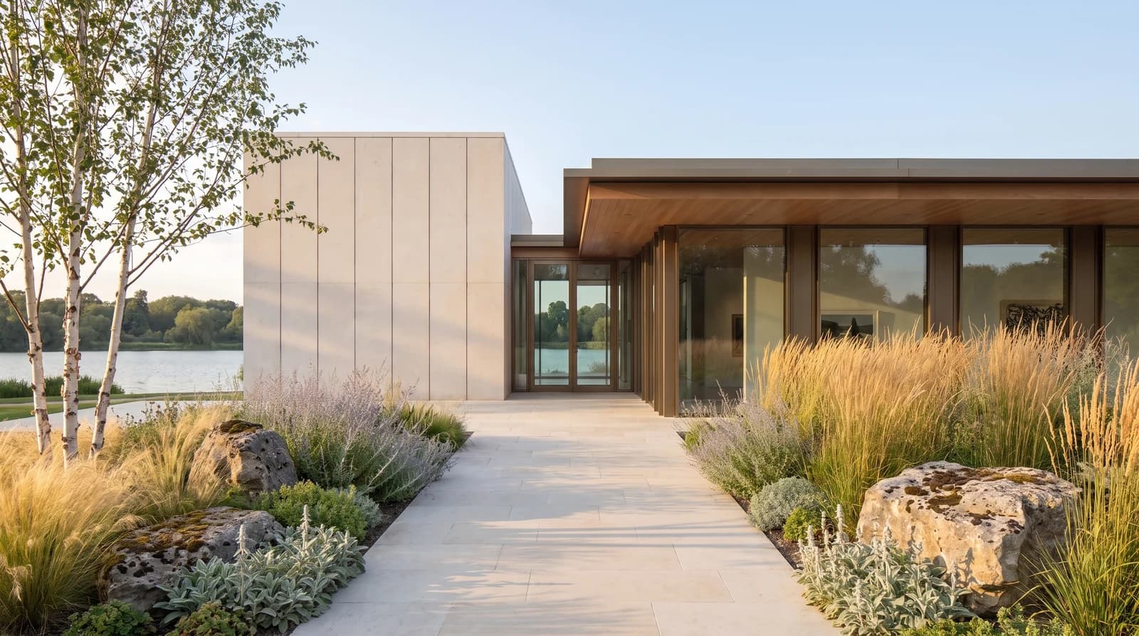 An AI-generated landscape proposal with a stone entrance path, grasses, perennials and a birch beside the pavilion.