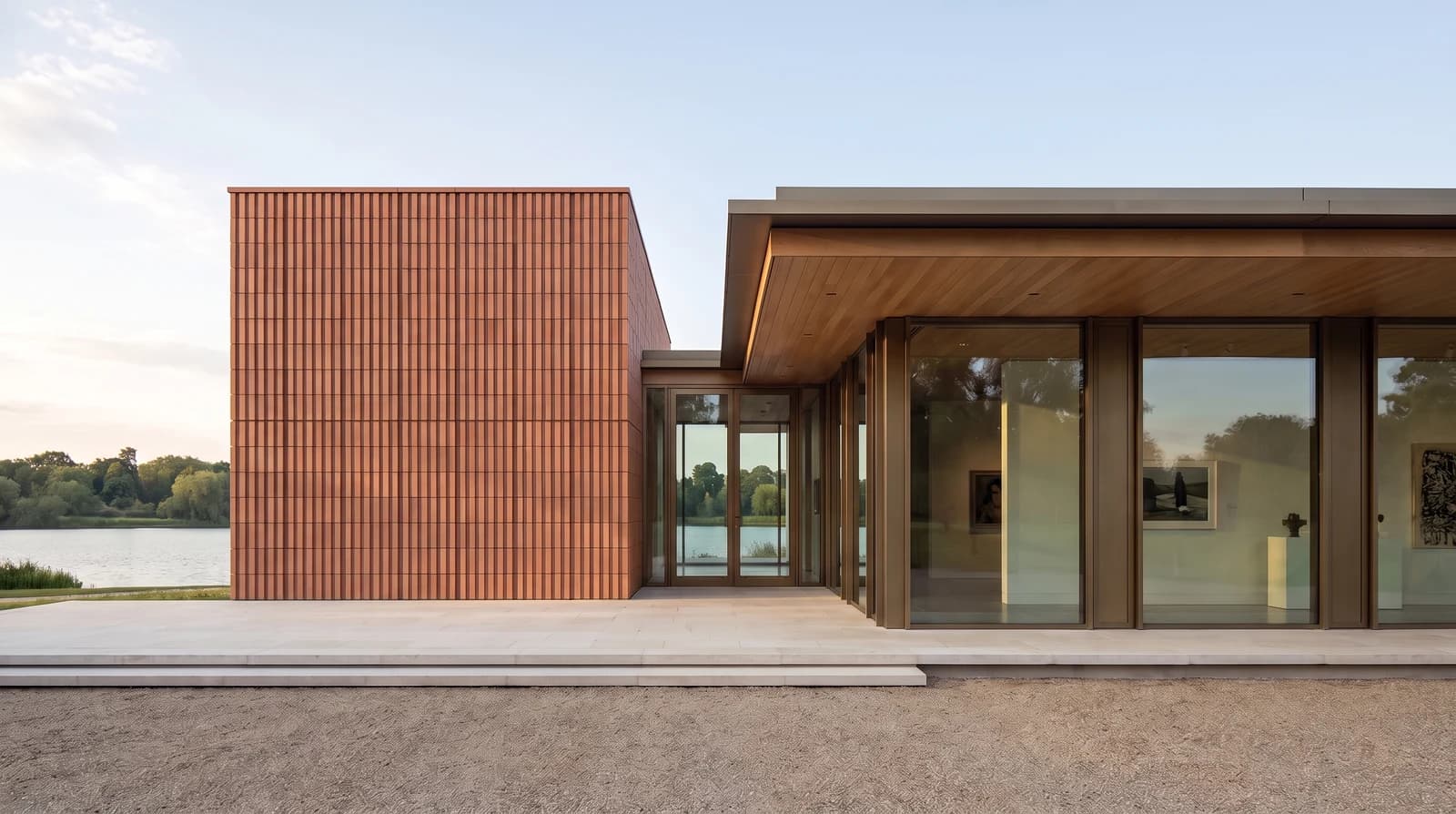 The generated pavilion material alternative with vertical terracotta cladding beside bronze glazing and an oak soffit.