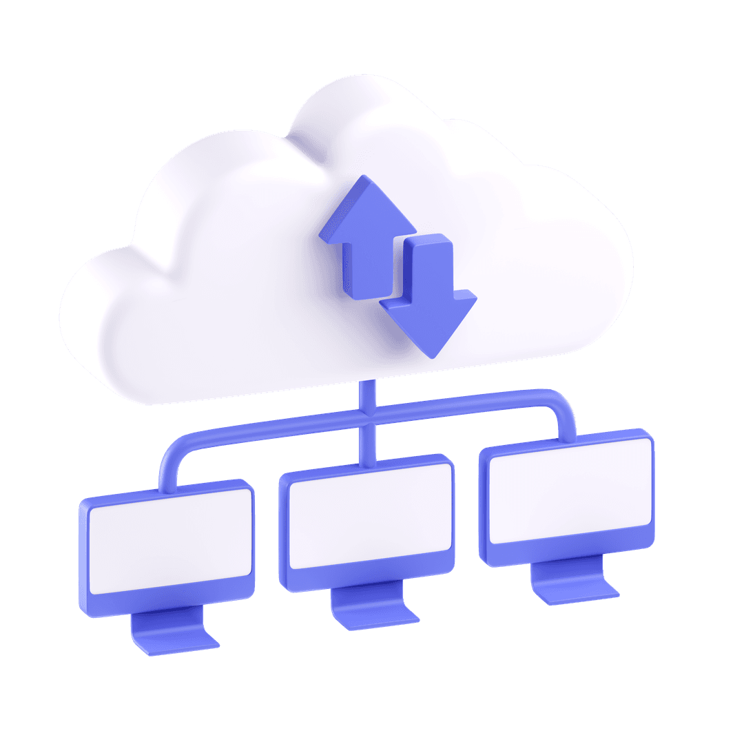 An image of a cloud connected to three monitors, uploading and downloading data.