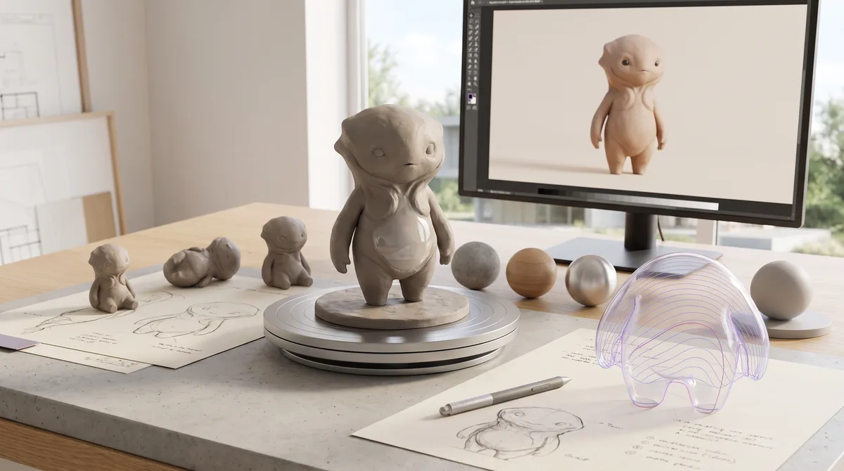Digital sculpting studio with character maquette, material studies, and render