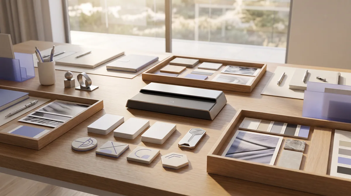 Organized shared workspace with blank access cards and project trays