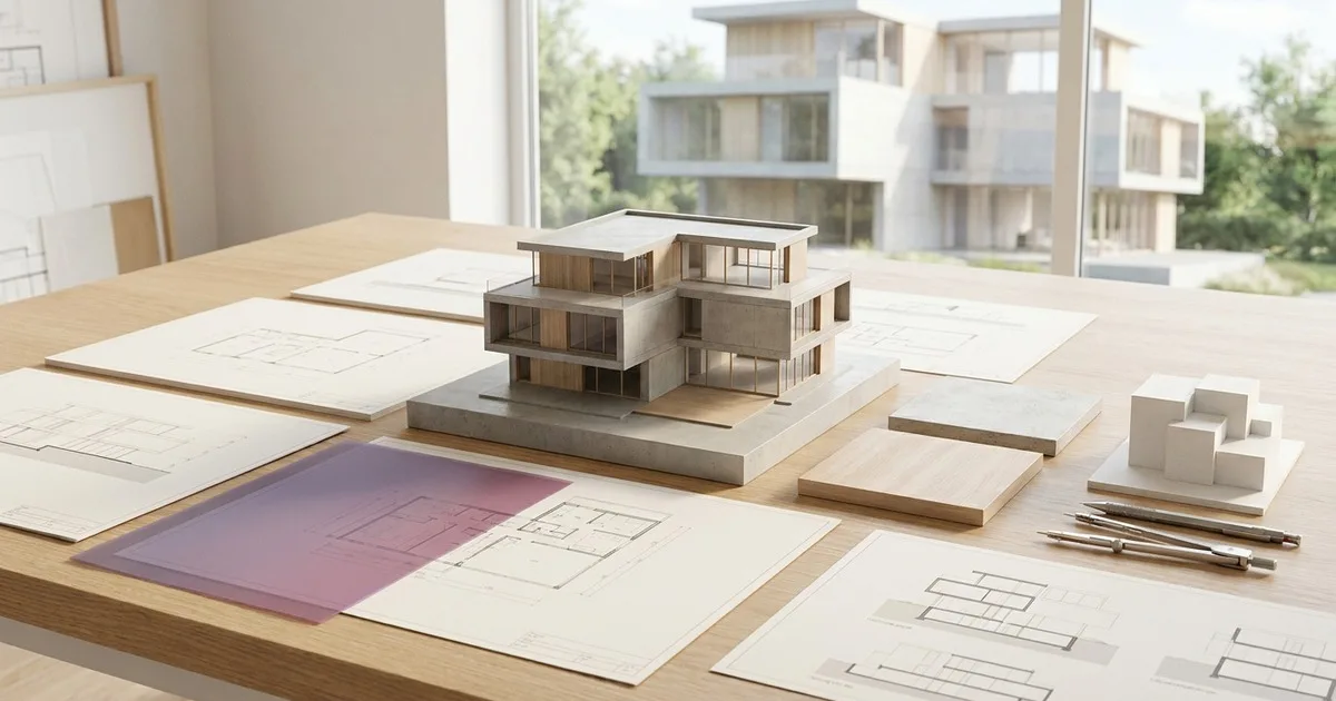 Contemporary architectural model with plans and material samples