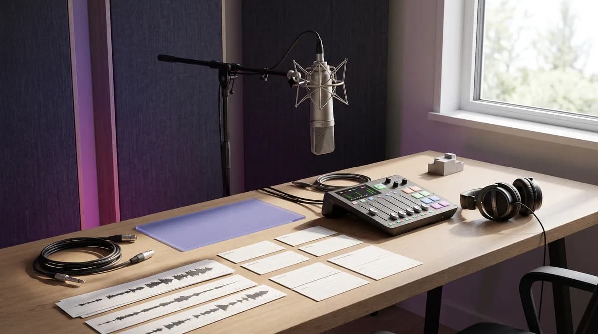Professional recording studio with microphone, mixer, and headphones