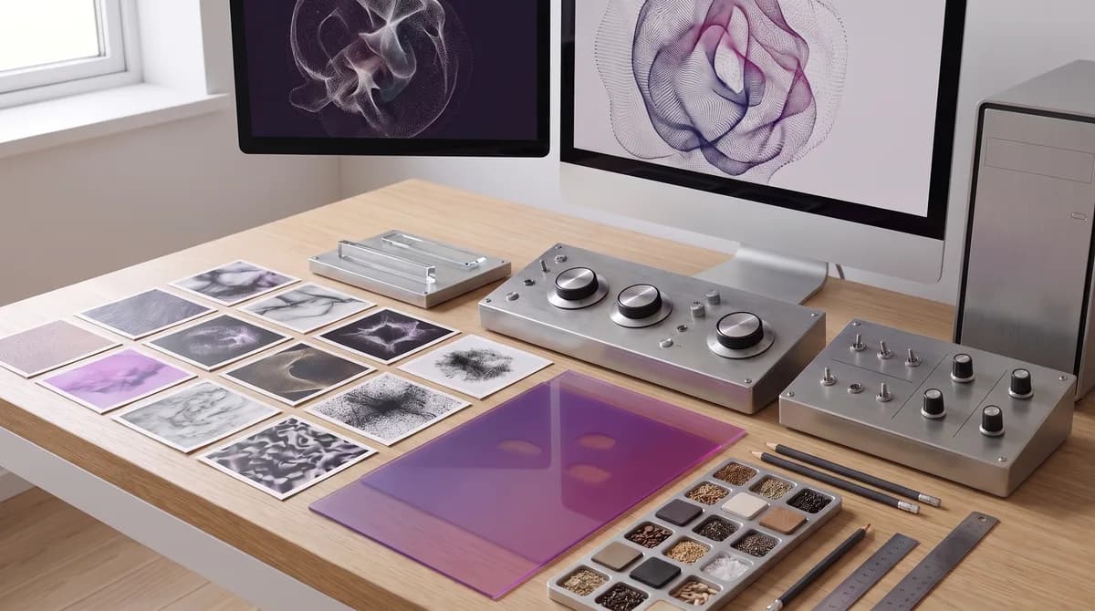 Unbranded image generation workstation with controls and visual samples