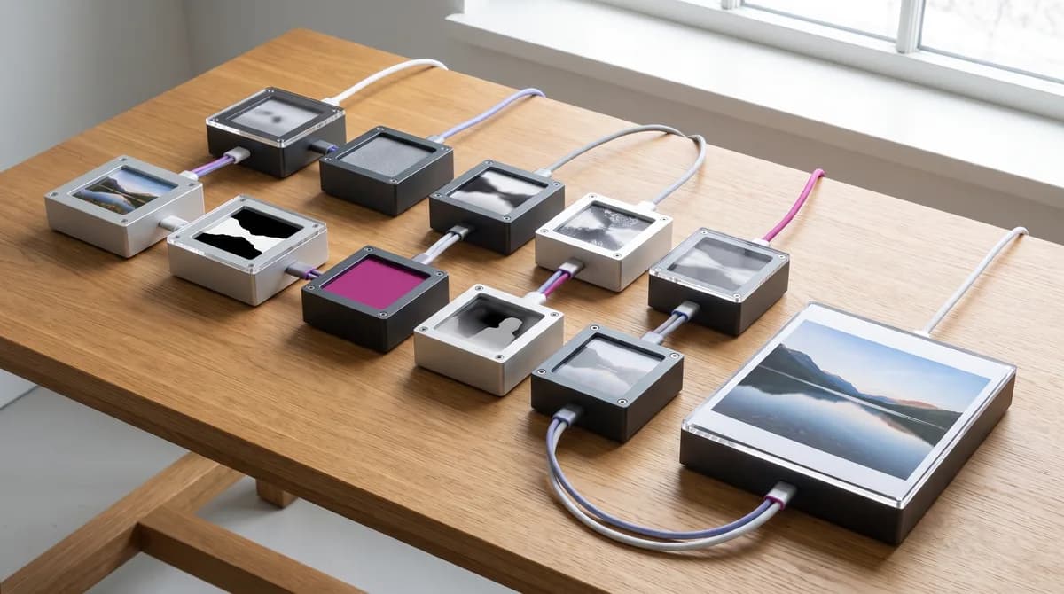Physical modular workflow blocks connected by organized cables