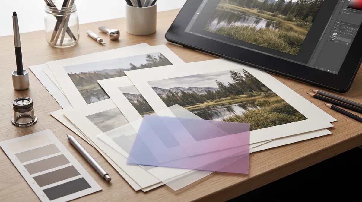 Professional editing desk with landscape prints, masks, and color tools