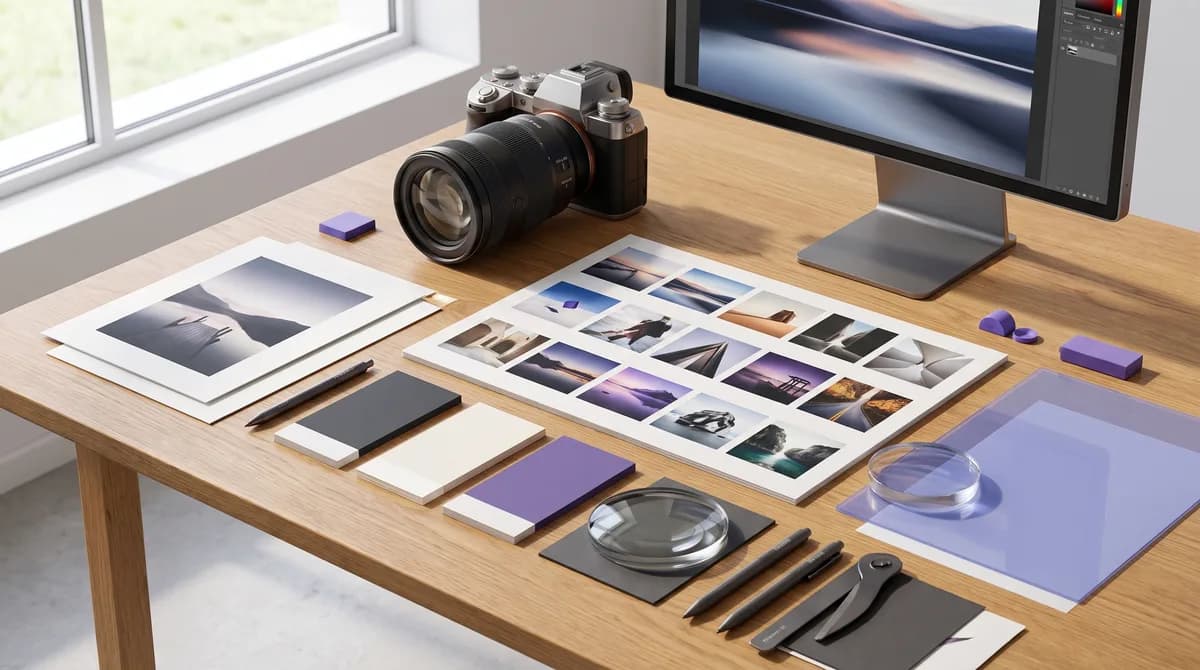 Creative imaging desk with camera, prints, color studies, and display