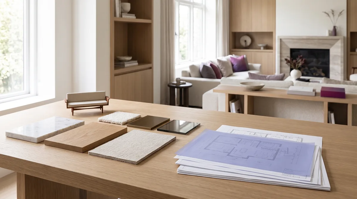 Interior design studio with material samples, room plans, and a finished living space