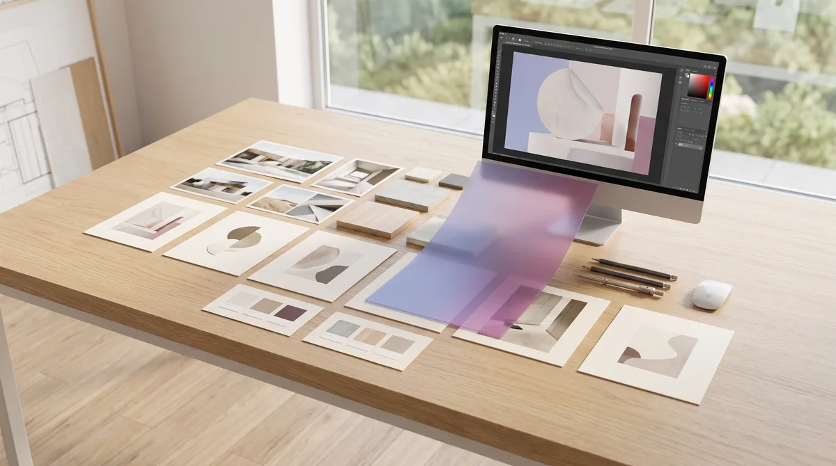 Prompting workspace with visual references, color studies, and final artwork