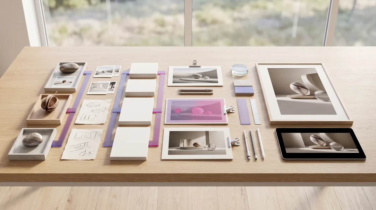 Creative production stages arranged from references to final visual
