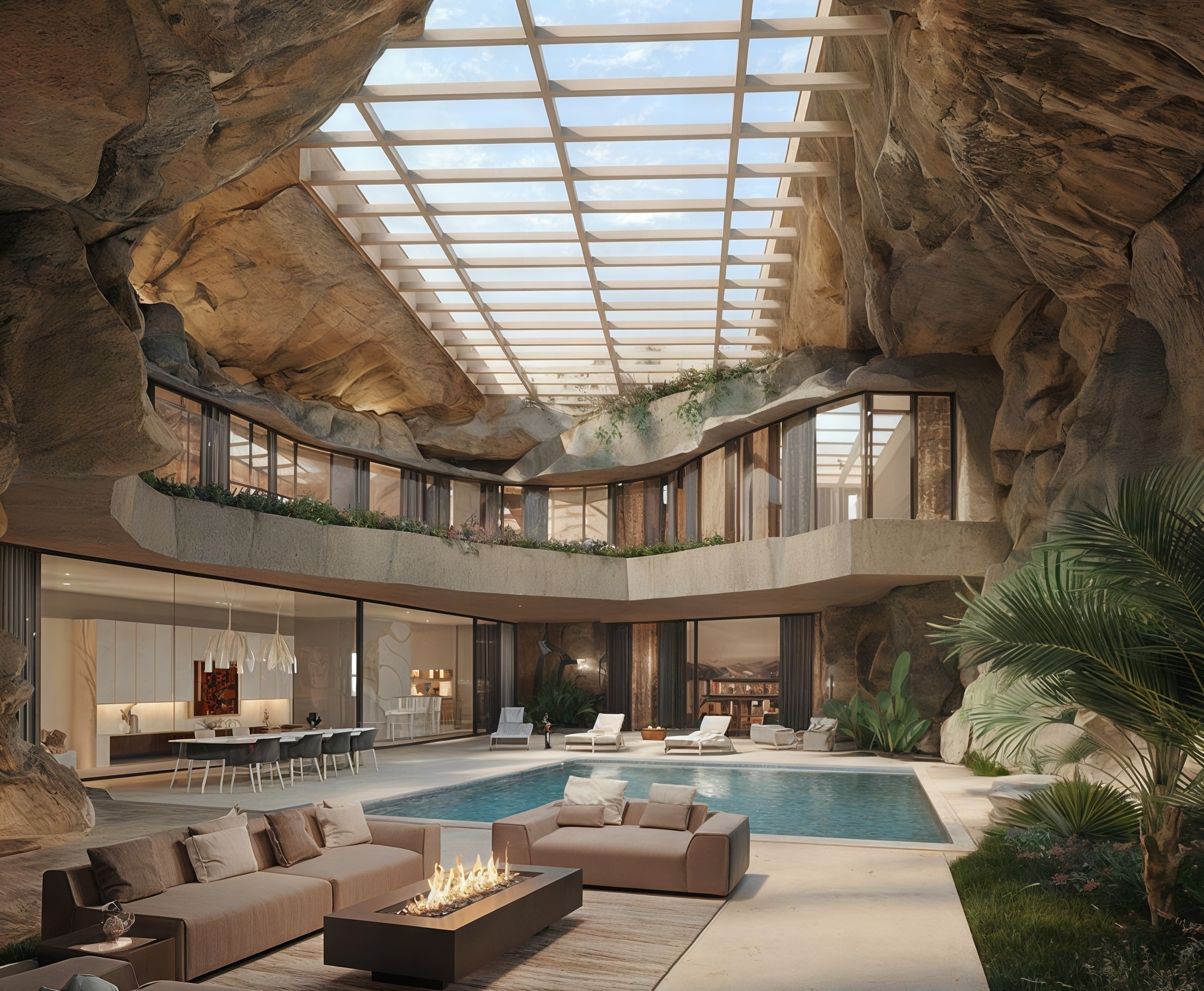 Modern interior courtyard with pool
