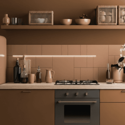 Modern kitchen with coral pink cabinets and open shelving