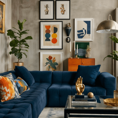 Contemporary living room with blue sectional sofa and colorful artwork