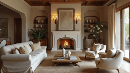 Cozy living room with fireplace and warm earth tones