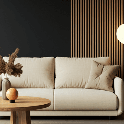 Modern living room with dark accent wall and wood slat design