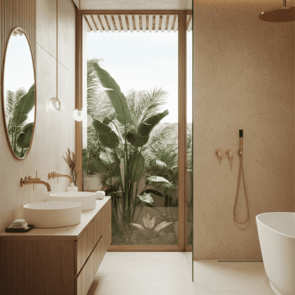 Modern spa-like bathroom with neutral tones and greenery