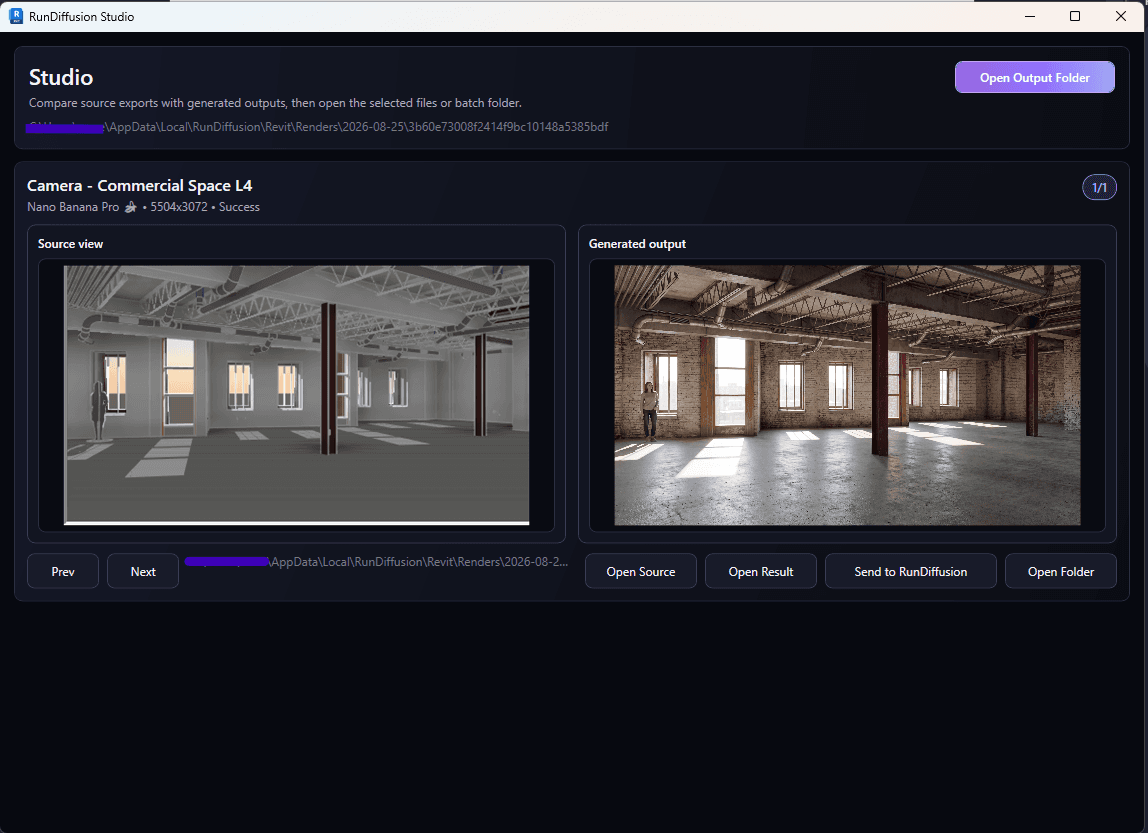 RunDiffusion Studio vergleicht eine Revit-Ansicht mit einem generierten Innenraum