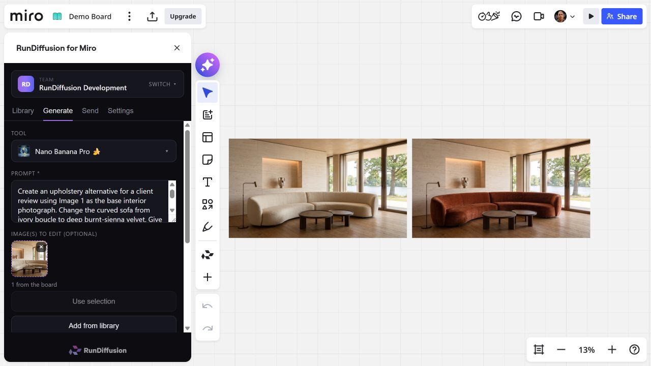En Miro: el salón original y su variante de tapicería en el tablero, con el panel del plugin RunDiffusion y la imagen de referencia visibles.