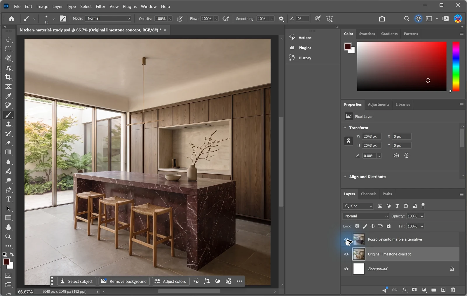 Capturado en Photoshop: una alternativa de isla de cocina en mármol Rosso Levanto, con la cocina editada y el concepto original en piedra caliza en capas separadas.