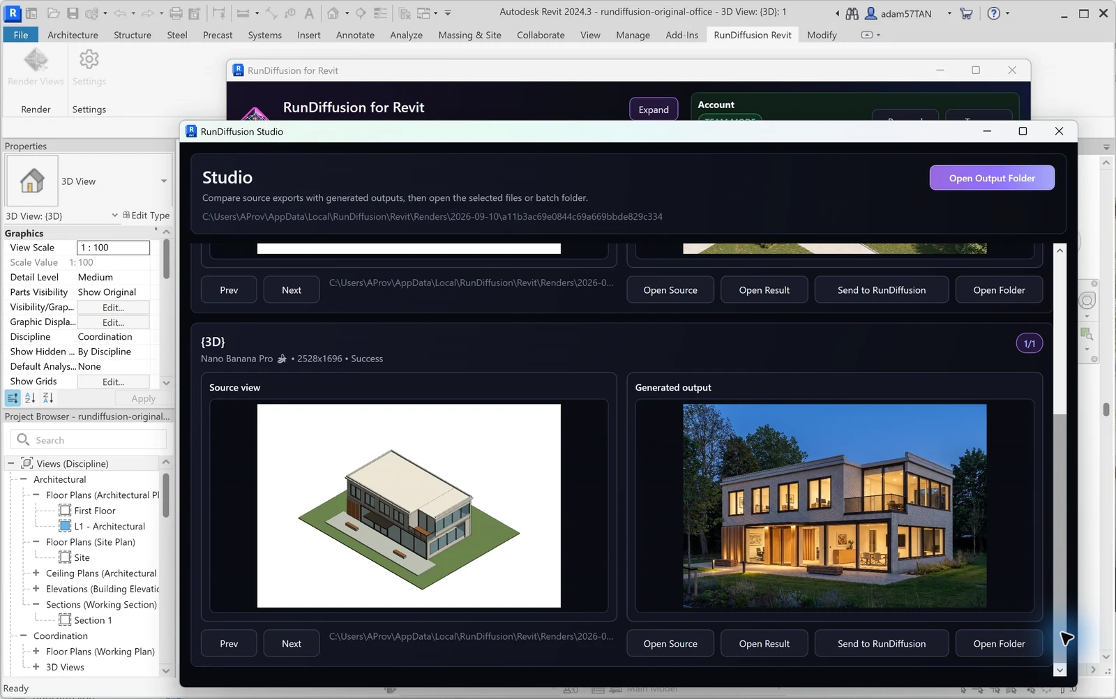 Capturado en Revit: el modelo de oficinas original junto a un concepto de iluminación en la hora azul. Cambian el punto de vista generado y algunos detalles arquitectónicos.